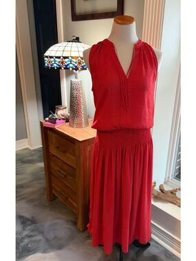 Brochu Walker Vermillion Sleeveless Francine Midi Crinkle Gauze Coral Dress M